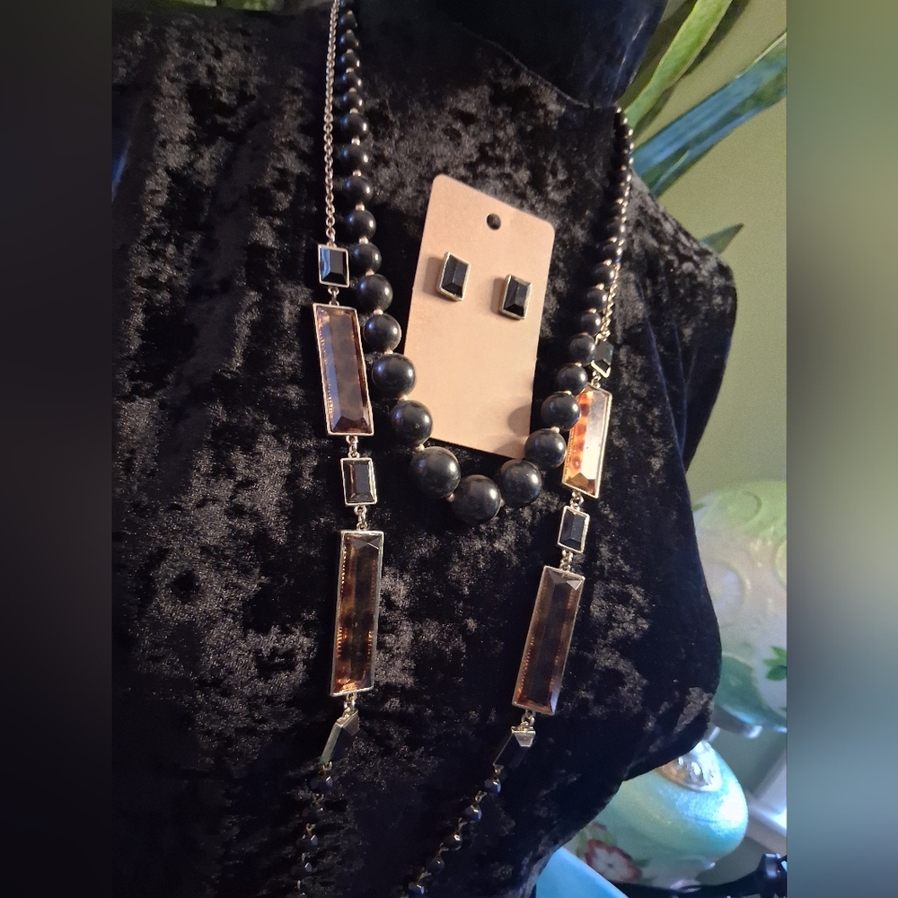 Lia Sophia Black and Brown Tortise Shell Necklace & Earring Set W/ Black Beaded.